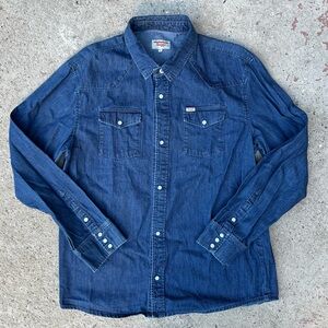 Seager Grit Co Shirt Mens XL Long Sleeve Denim Pearl Snap Blue Western Cowboy